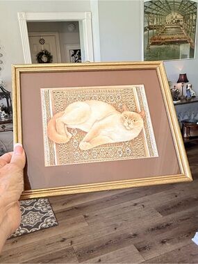 Vintage Framed Cat Artwork in Gold Frame with Brown Mat